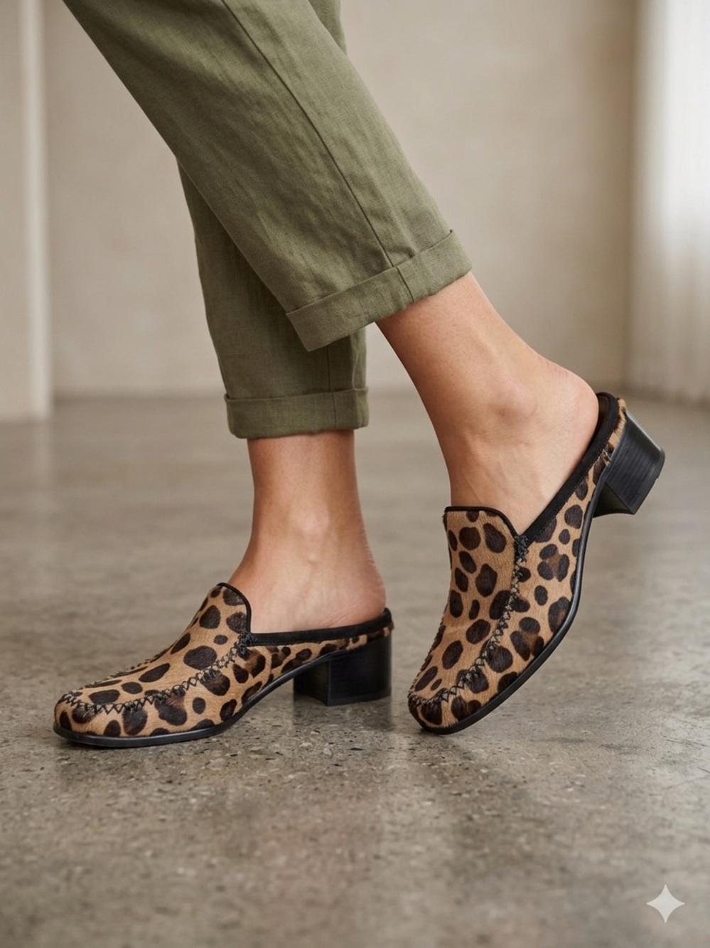 Stuart Weitzman Leopard Calf Hair Block Heel Loafer Mules | Size 7